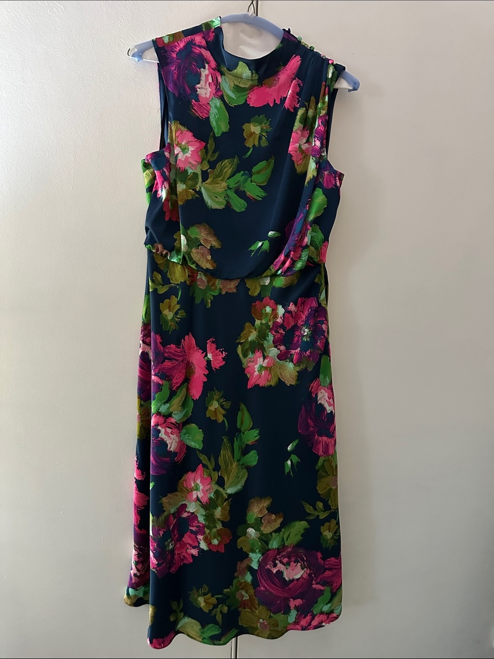 Maggy London Navy Floral Midi Dress with Pink & Green Blossoms